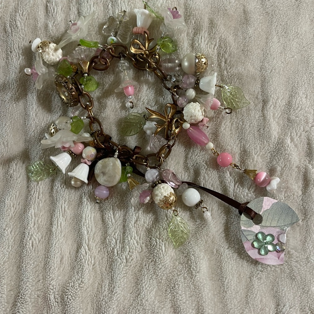 Floral Charm Bracelet with Pink and Green Accents